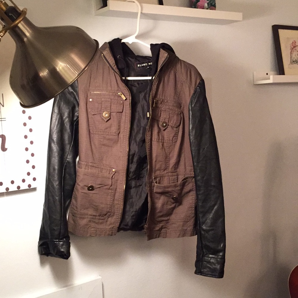 utility jacket w/ leather sleeve & fleece hoodie